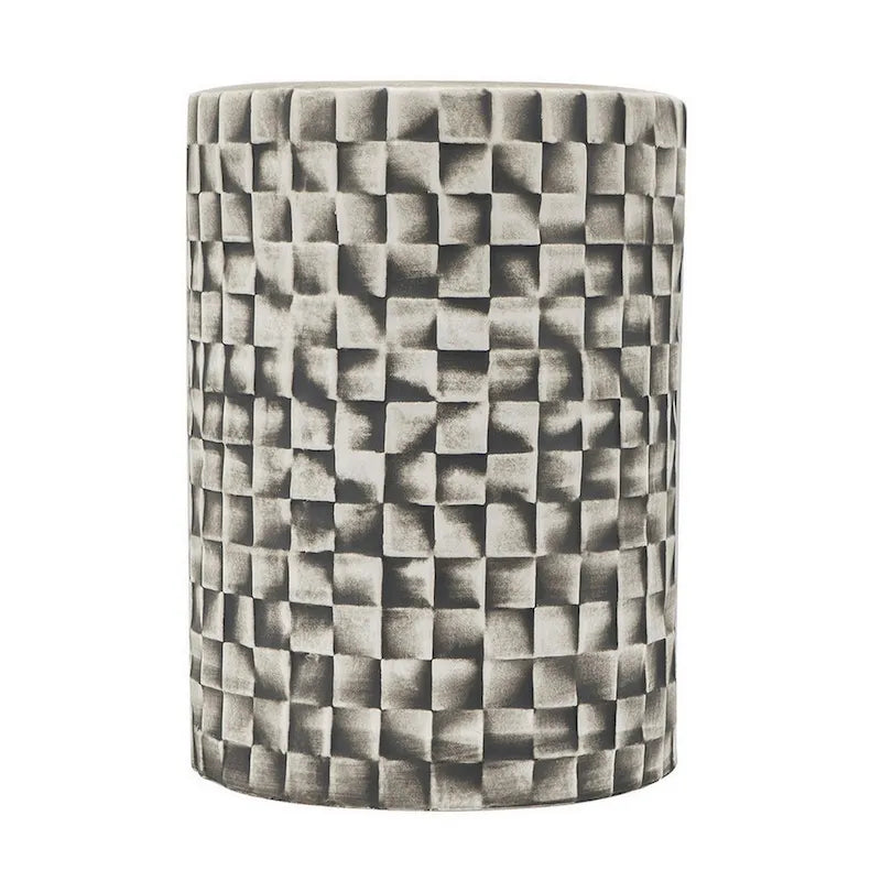 18 Inch Stool Table, Ceramic, Cylindrical, Textured Geometry, Outdoor, Gray