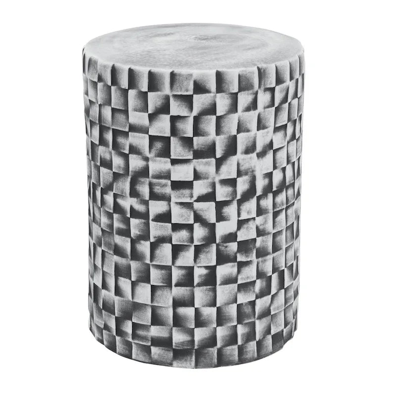 18 Inch Stool Table, Ceramic, Cylindrical, Textured Geometry, Outdoor, Gray