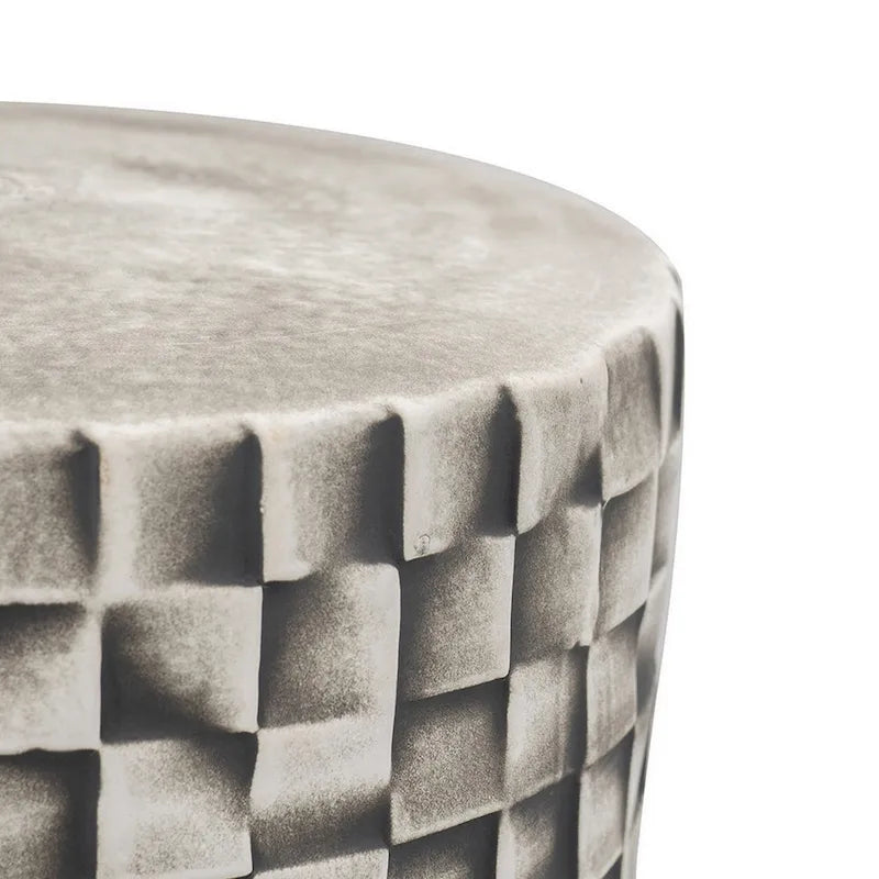 18 Inch Stool Table, Ceramic, Cylindrical, Textured Geometry, Outdoor, Gray
