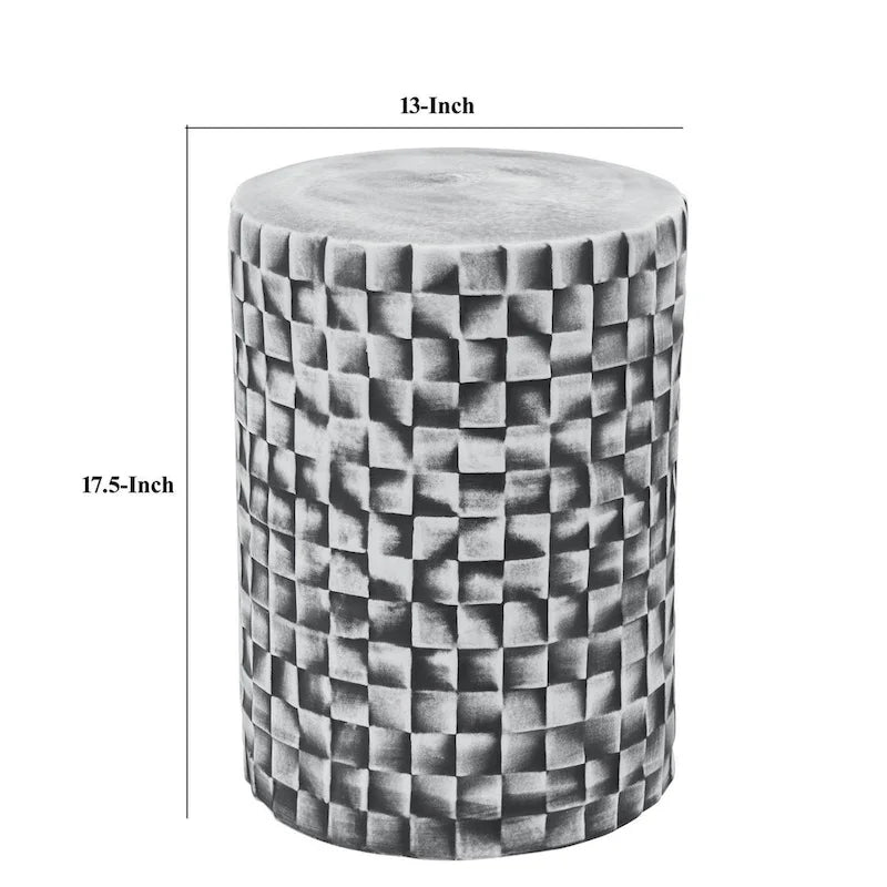 18 Inch Stool Table, Ceramic, Cylindrical, Textured Geometry, Outdoor, Gray