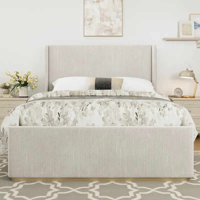 Upholstered Bed, Corduroy Frame, Wingback Headboard, High Footboard, Light Grey