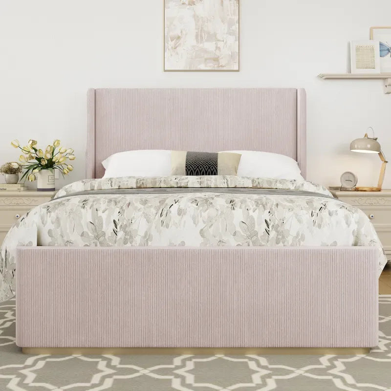 Upholstered Bed, Corduroy Frame, Wingback Headboard, High Footboard, Light Grey
