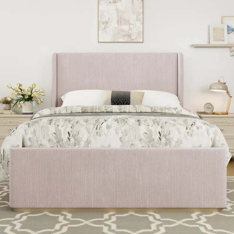 Upholstered Bed, Corduroy Frame, Wingback Headboard, High Footboard, Light Grey