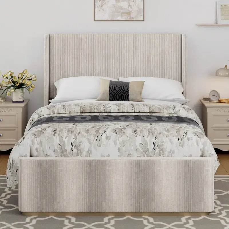 Upholstered Bed, Corduroy Frame, Wingback Headboard, High Footboard, Light Grey