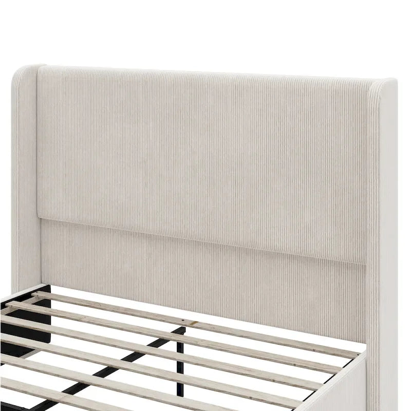 Letto imbottito con struttura in velluto a coste, testiera con orecchie, pediera alta, grigio chiaro