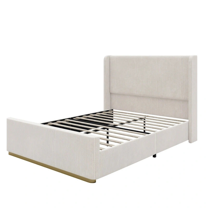 Letto imbottito con struttura in velluto a coste, testiera con orecchie, pediera alta, grigio chiaro