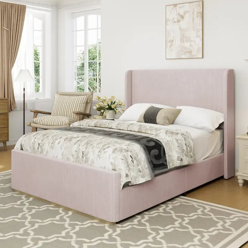 Letto imbottito con struttura in velluto a coste, testiera con orecchie, pediera alta, grigio chiaro