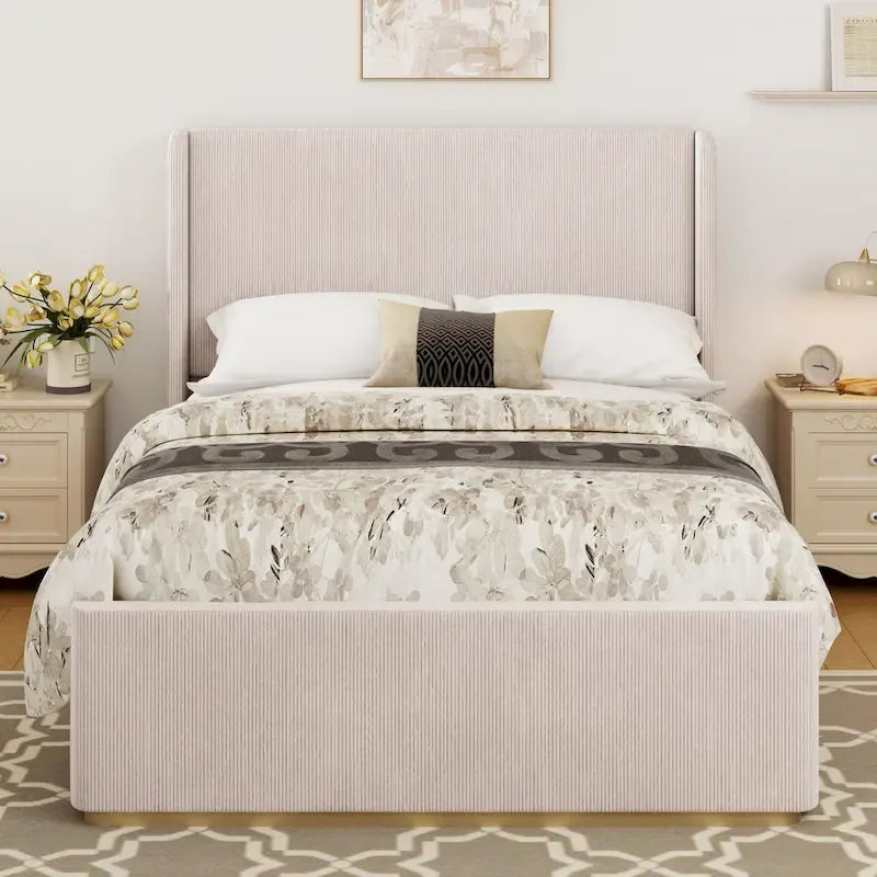 Letto imbottito con struttura in velluto a coste, testiera con orecchie, pediera alta, grigio chiaro