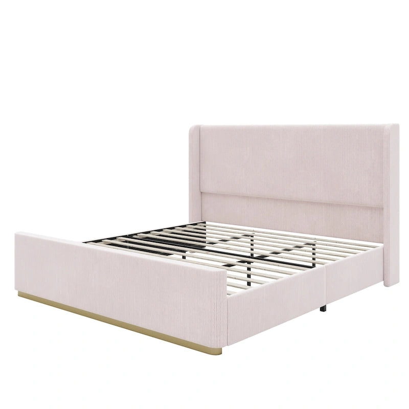 Letto imbottito con struttura in velluto a coste, testiera con orecchie, pediera alta, grigio chiaro