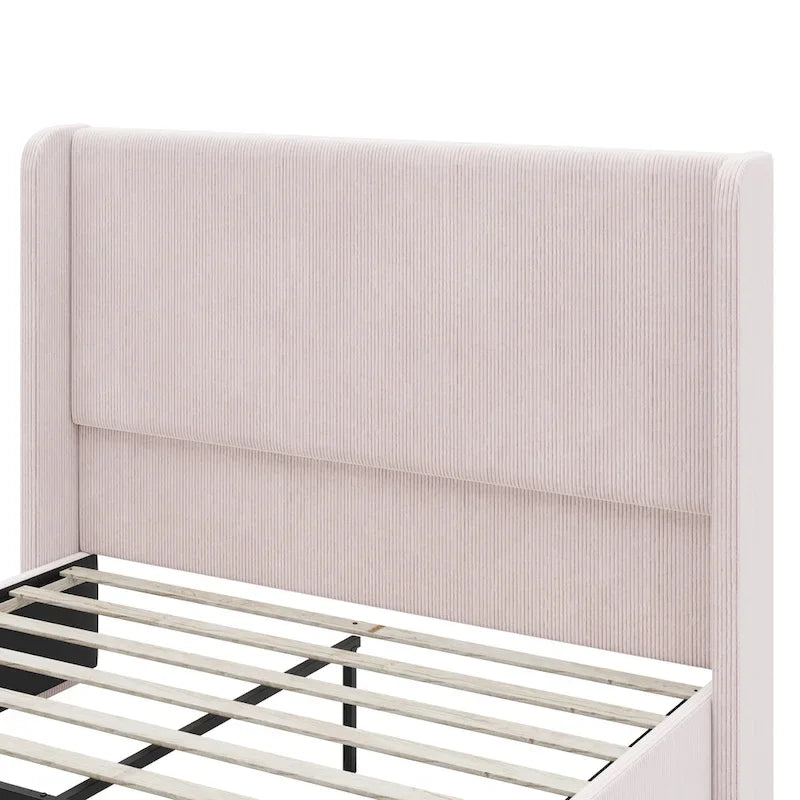 Letto imbottito con struttura in velluto a coste, testiera con orecchie, pediera alta, grigio chiaro