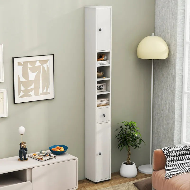 Mobiletto bagno alto e stretto, colonna portabiancheria con cassetto