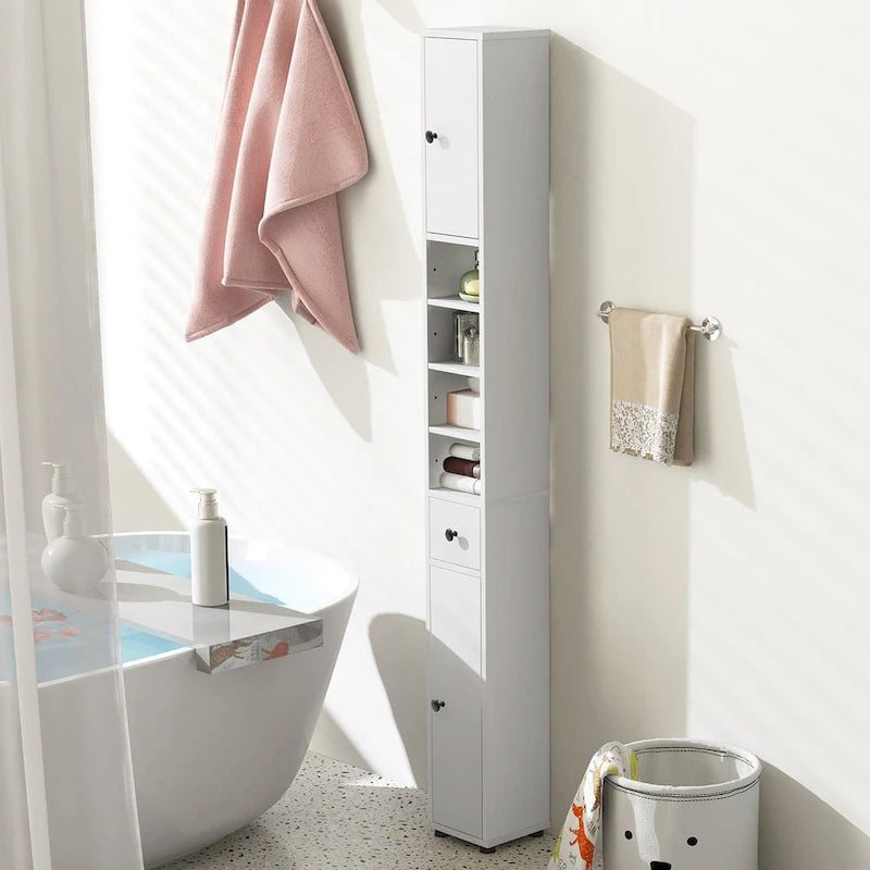 Mobiletto bagno alto e stretto, colonna portabiancheria con cassetto
