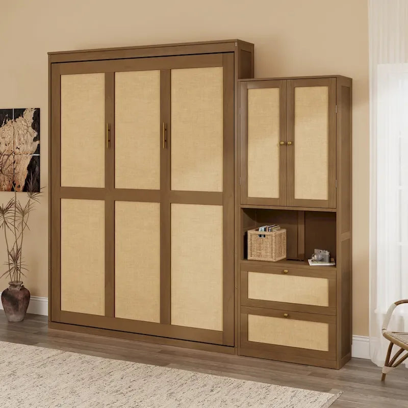 Solid Wood with Rattan Murphy Bed with Side Cabinet Storage Shelf