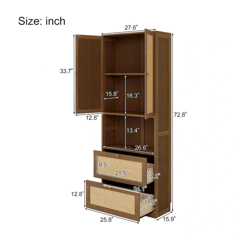 Solid Wood with Rattan Murphy Bed with Side Cabinet Storage Shelf