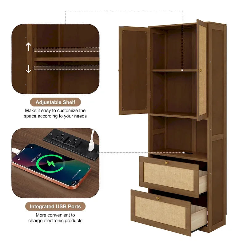 Solid Wood with Rattan Murphy Bed with Side Cabinet Storage Shelf
