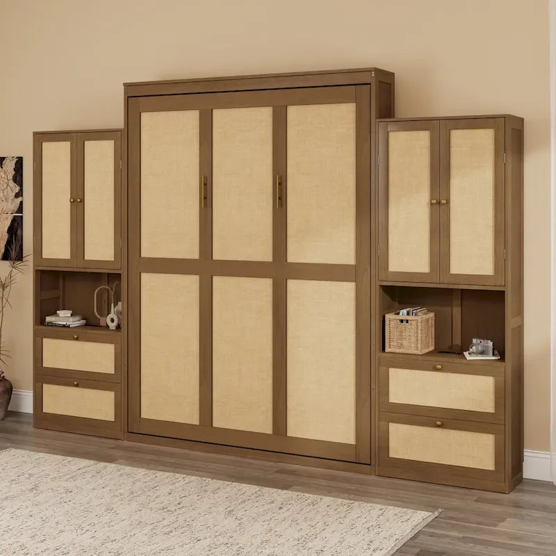 Solid Wood with Rattan Murphy Bed with Side Cabinet Storage Shelf