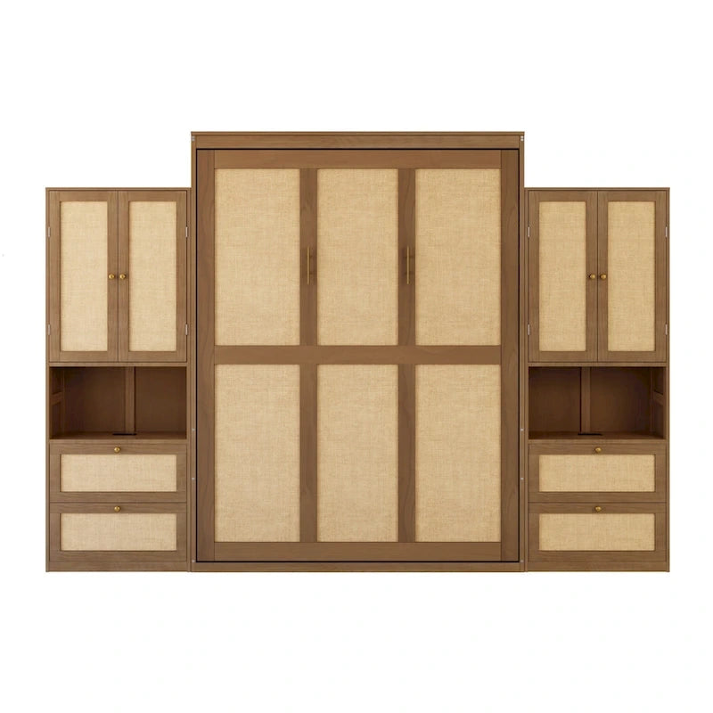 Solid Wood with Rattan Murphy Bed with Side Cabinet Storage Shelf