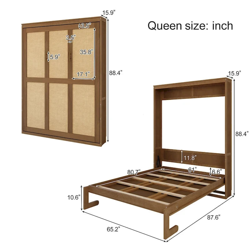 Solid Wood with Rattan Murphy Bed with Side Cabinet Storage Shelf