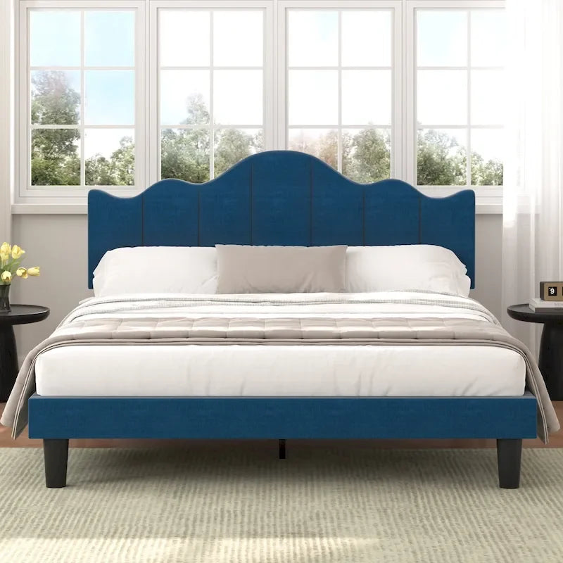 Modern Upholstered Platform Bed with Adjustable Headboard, Dark Blue/ White/ Grey/ Beige Bed Frames