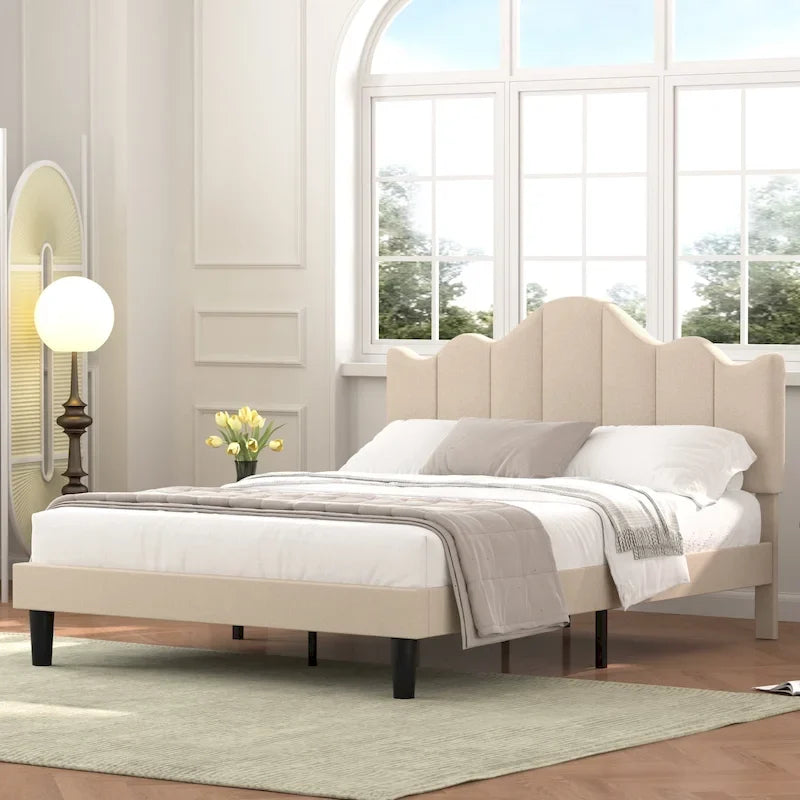 Modern Upholstered Platform Bed with Adjustable Headboard, Dark Blue/ White/ Grey/ Beige Bed Frames