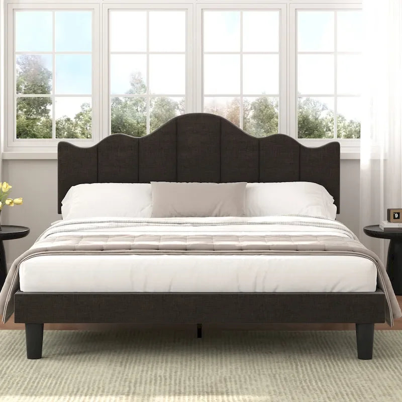 Modern Upholstered Platform Bed with Adjustable Headboard, Dark Blue/ White/ Grey/ Beige Bed Frames