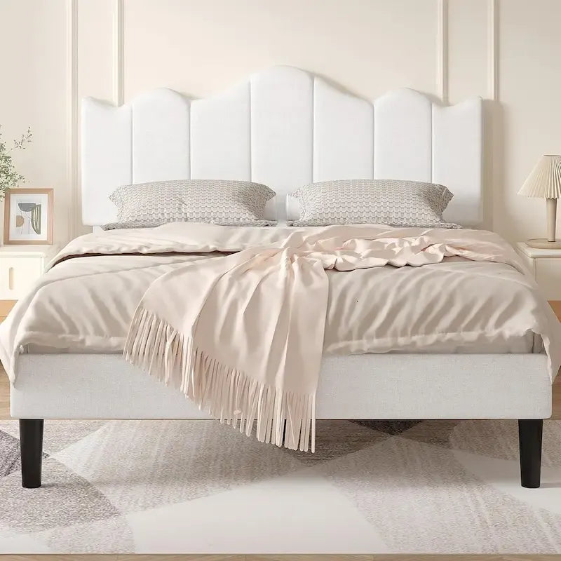 Modern Upholstered Platform Bed with Adjustable Headboard, Dark Blue/ White/ Grey/ Beige Bed Frames