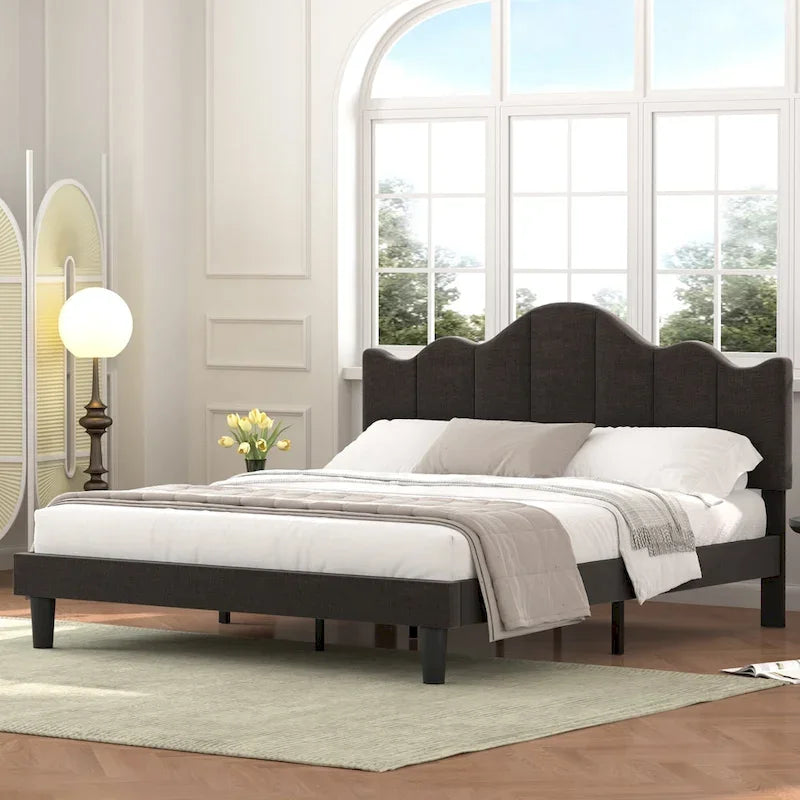 Modern Upholstered Platform Bed with Adjustable Headboard, Dark Blue/ White/ Grey/ Beige Bed Frames