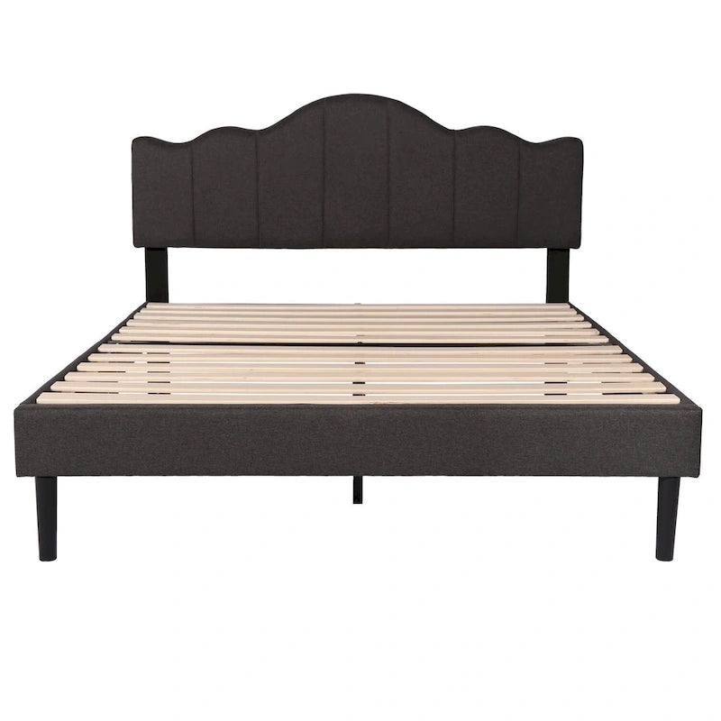 Modern Upholstered Platform Bed with Adjustable Headboard, Dark Blue/ White/ Grey/ Beige Bed Frames