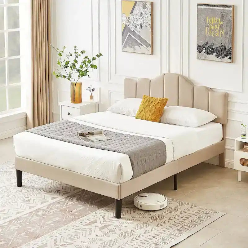 Modern Upholstered Platform Bed with Adjustable Headboard, Dark Blue/ White/ Grey/ Beige Bed Frames