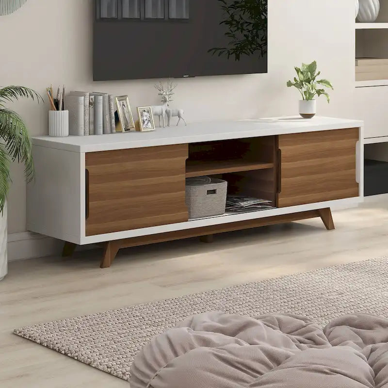 Mid-Century Modern White and Walnut 62-inch Wide 6-Shelf TV Stand