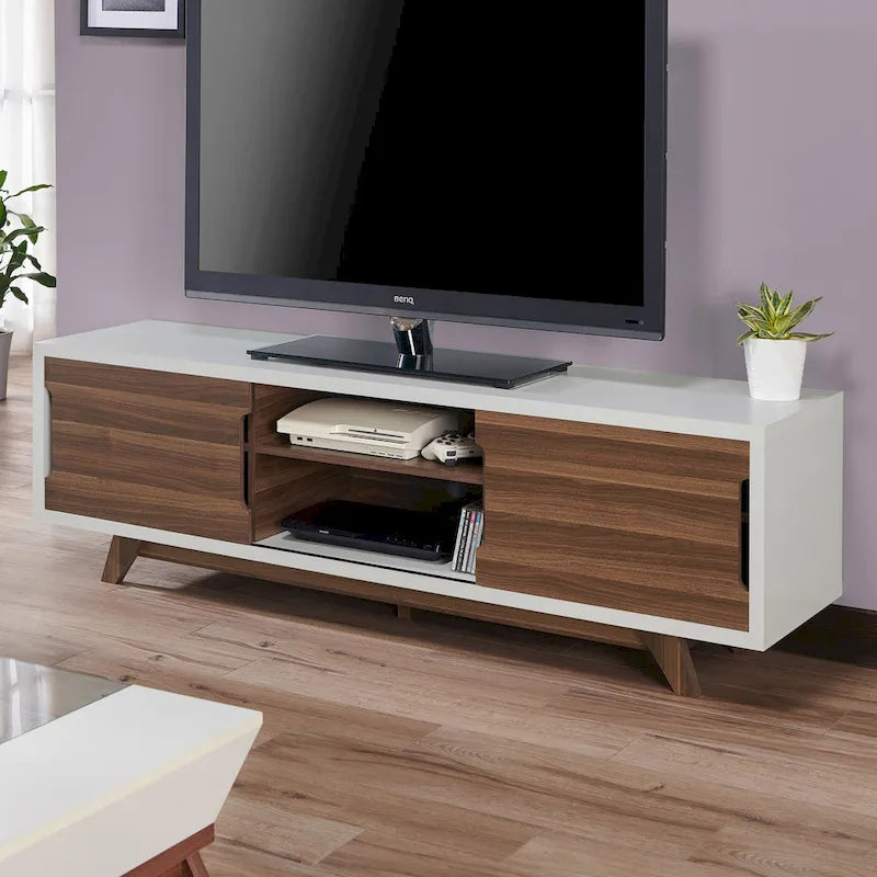Mobile TV moderno di metà secolo bianco e noce, largo 62-inch, con 6 ripiani