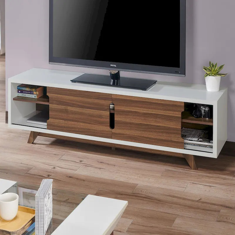 Mobile TV moderno di metà secolo bianco e noce, largo 62-inch, con 6 ripiani