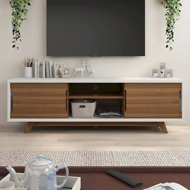 Mobile TV moderno di metà secolo bianco e noce, largo 62-inch, con 6 ripiani