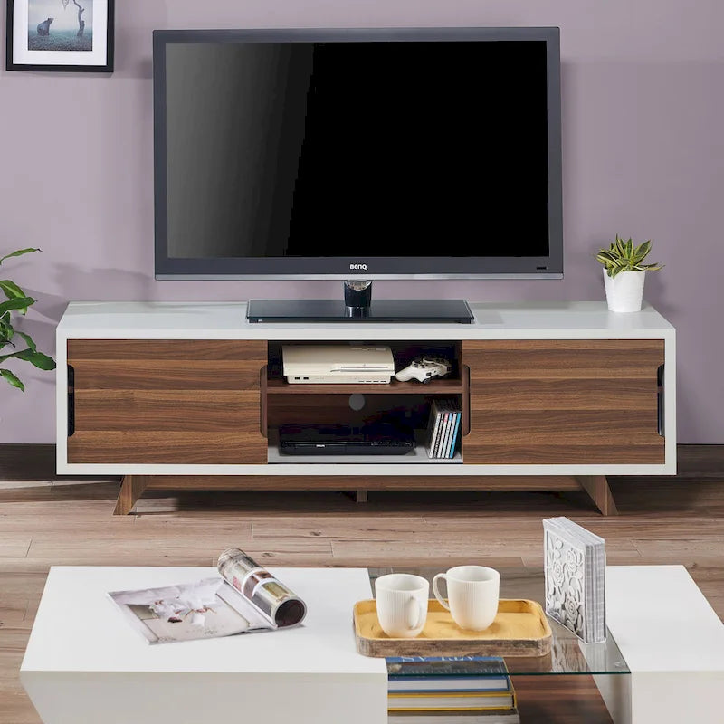 Mobile TV moderno di metà secolo bianco e noce, largo 62-inch, con 6 ripiani