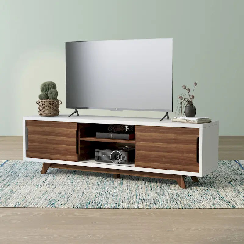 Mobile TV moderno di metà secolo bianco e noce, largo 62-inch, con 6 ripiani