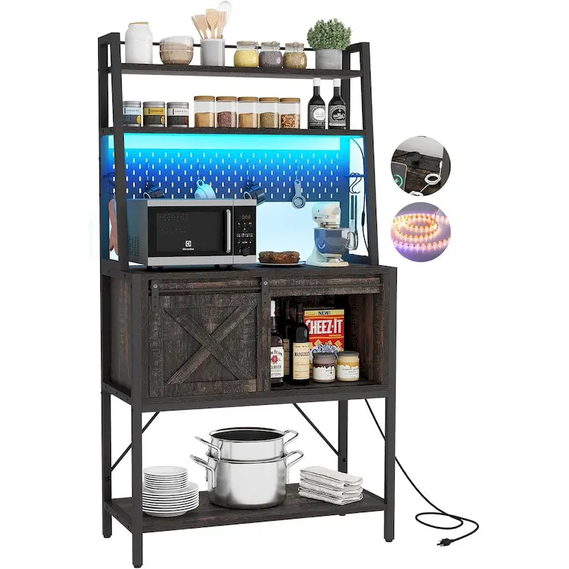 Scaffale da cucina a 5 ripiani con illuminazione LED, ripiani e contenitore scorrevole, tavolo da bar con presa elettrica