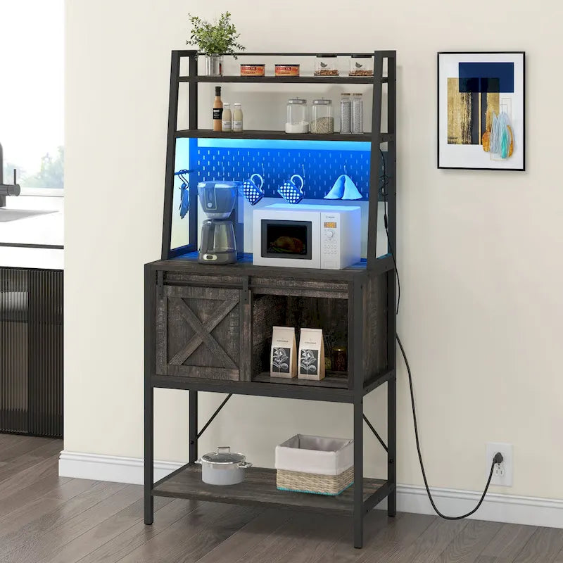 5 Tier Kitchen LED Bakers Rack with Sliding Storage and Shelves Bar Table with Power Outlet