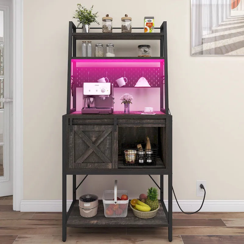 Scaffale da cucina a 5 ripiani con illuminazione LED, ripiani e contenitore scorrevole, tavolo da bar con presa elettrica
