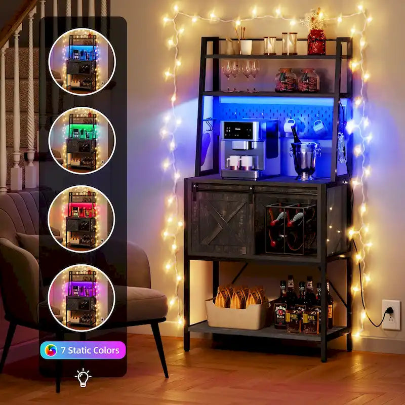 5 Tier Kitchen LED Bakers Rack with Sliding Storage and Shelves Bar Table with Power Outlet