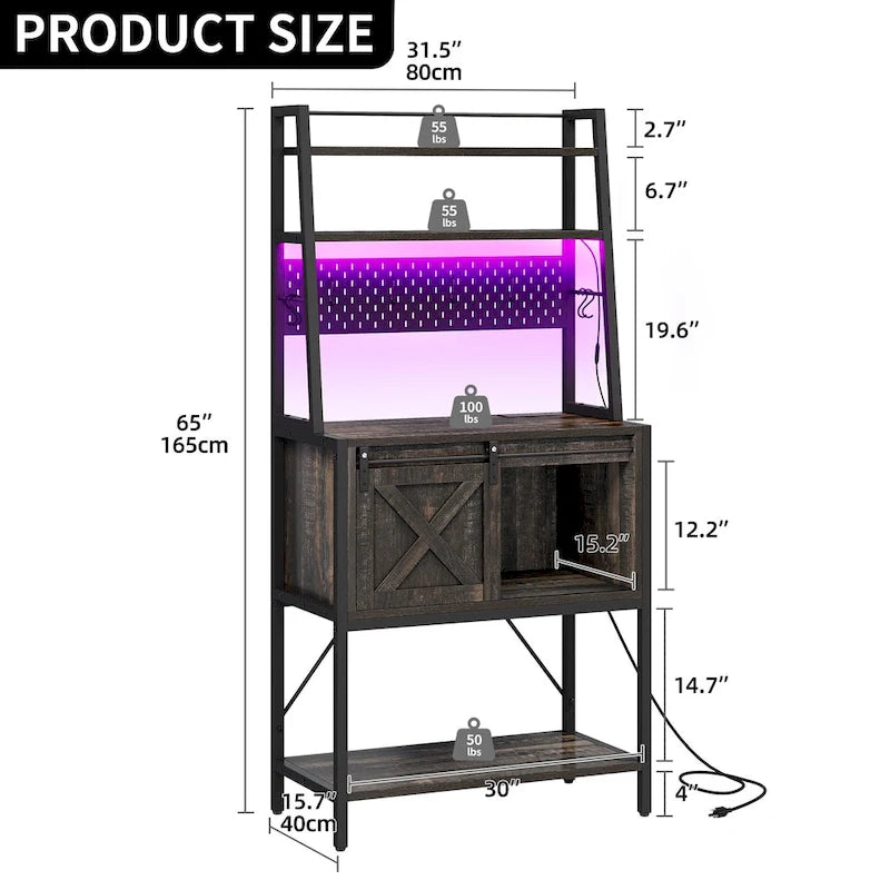 Scaffale da cucina a 5 ripiani con illuminazione LED, ripiani e contenitore scorrevole, tavolo da bar con presa elettrica