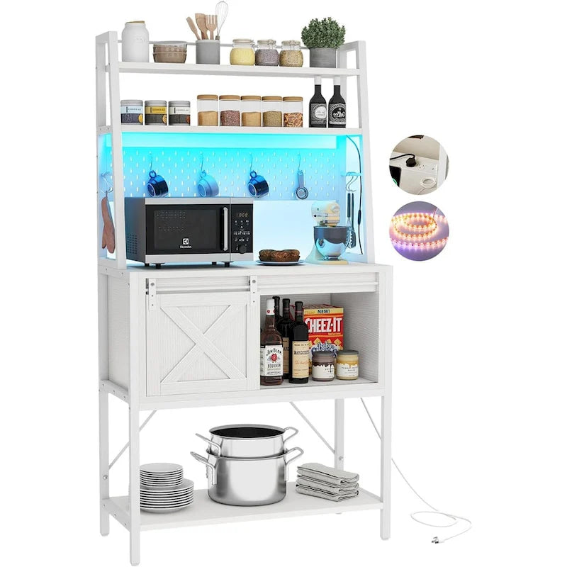 Scaffale da cucina a 5 ripiani con illuminazione LED, ripiani e contenitore scorrevole, tavolo da bar con presa elettrica