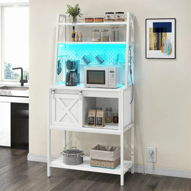 Scaffale da cucina a 5 ripiani con illuminazione LED, ripiani e contenitore scorrevole, tavolo da bar con presa elettrica