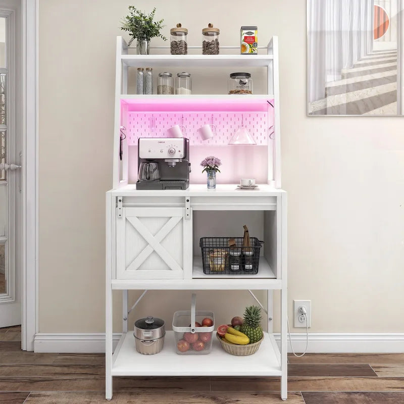 Scaffale da cucina a 5 ripiani con illuminazione LED, ripiani e contenitore scorrevole, tavolo da bar con presa elettrica