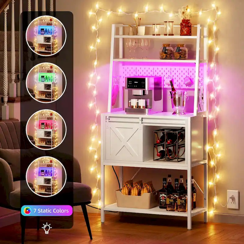 Scaffale da cucina a 5 ripiani con illuminazione LED, ripiani e contenitore scorrevole, tavolo da bar con presa elettrica