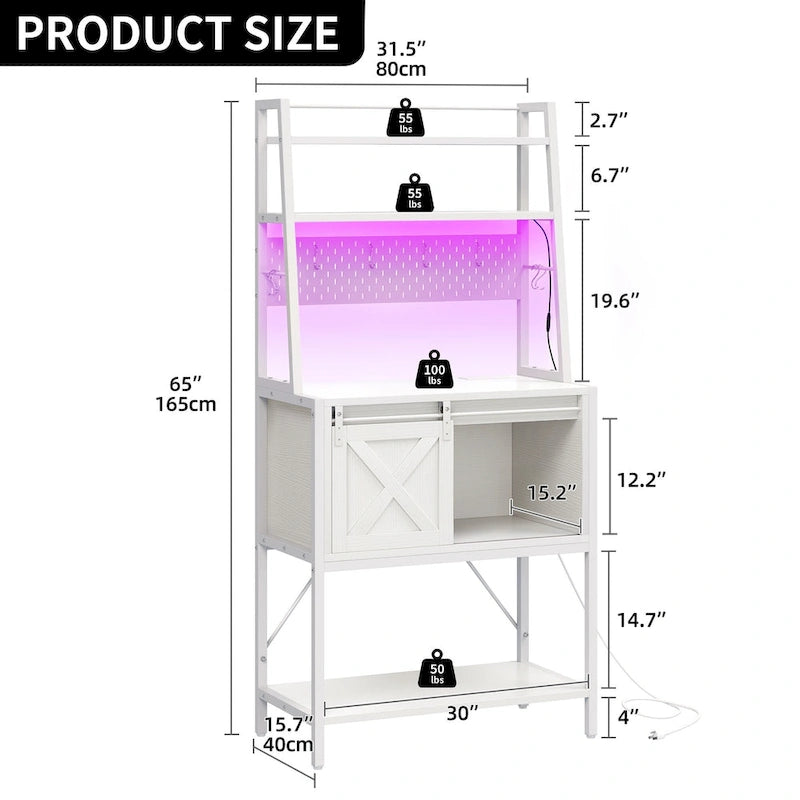 Scaffale da cucina a 5 ripiani con illuminazione LED, ripiani e contenitore scorrevole, tavolo da bar con presa elettrica