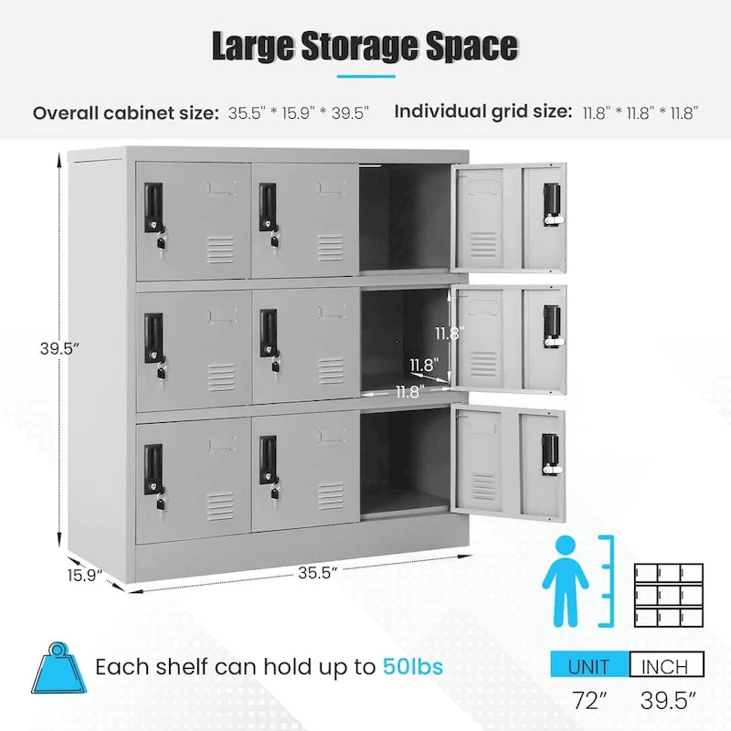 9 Doors Metal Lockers Storage Cabinet for School Office Gym
