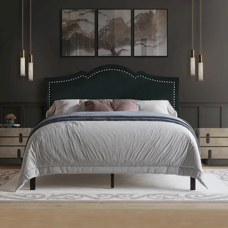 CraftPorch Elegant Linen Nailhead Upholstered Platform Bed