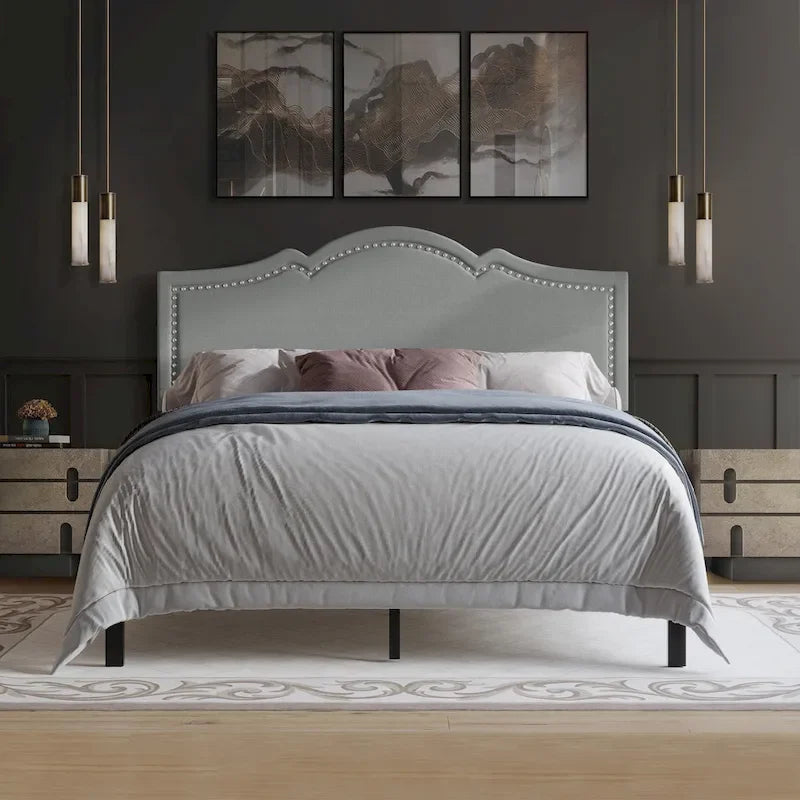 Elegant Linen Nailhead Upholstered Platform Bed