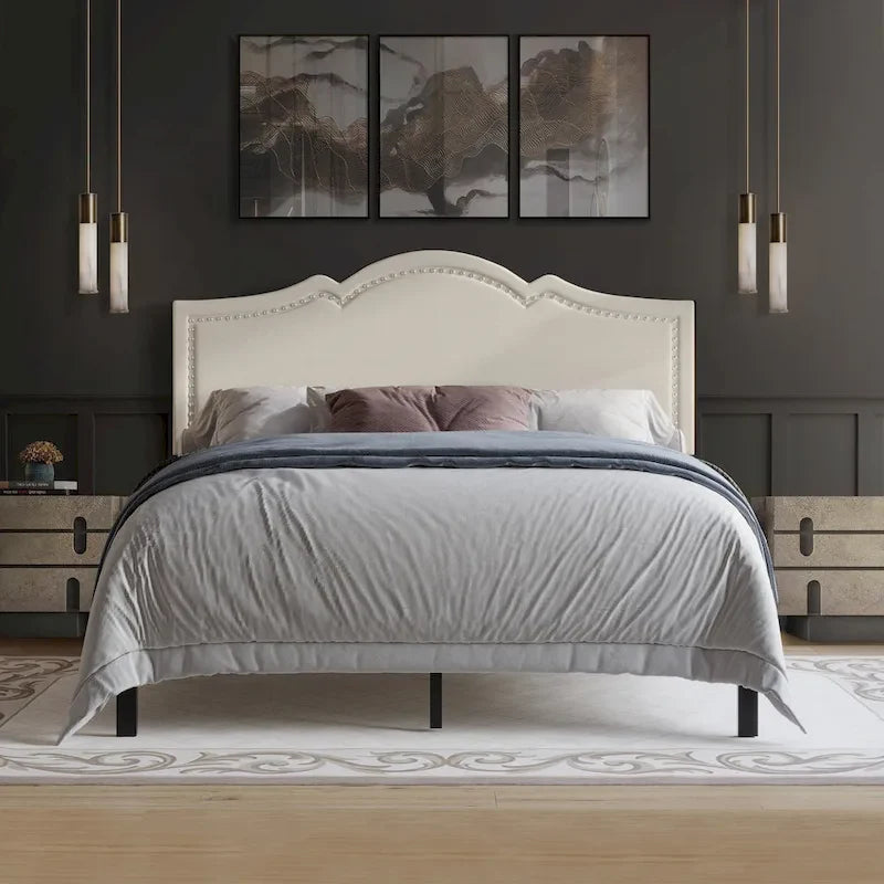 Elegant Linen Nailhead Upholstered Platform Bed