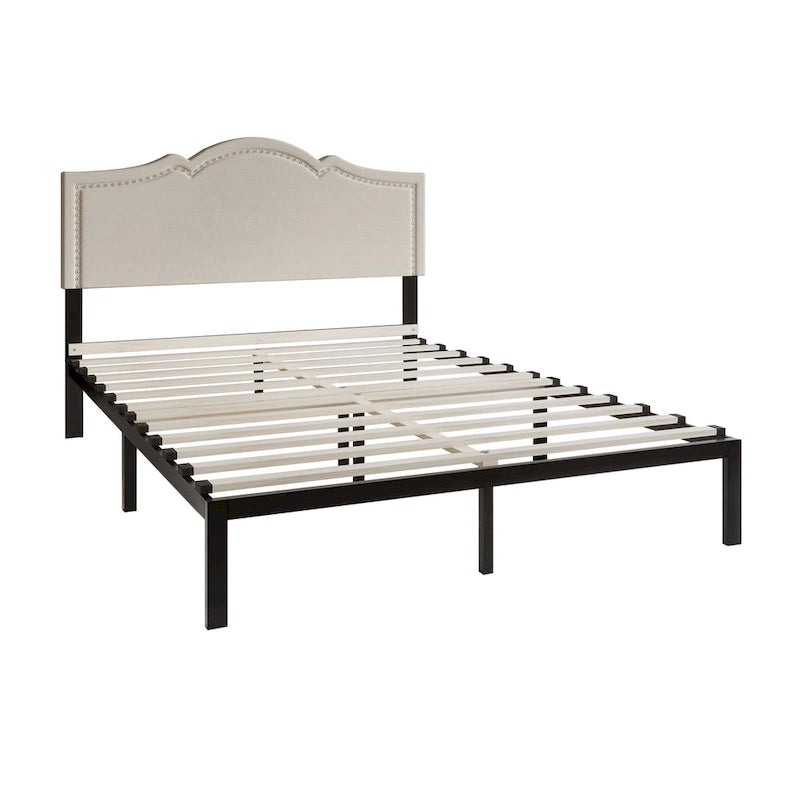 Elegant Linen Nailhead Upholstered Platform Bed